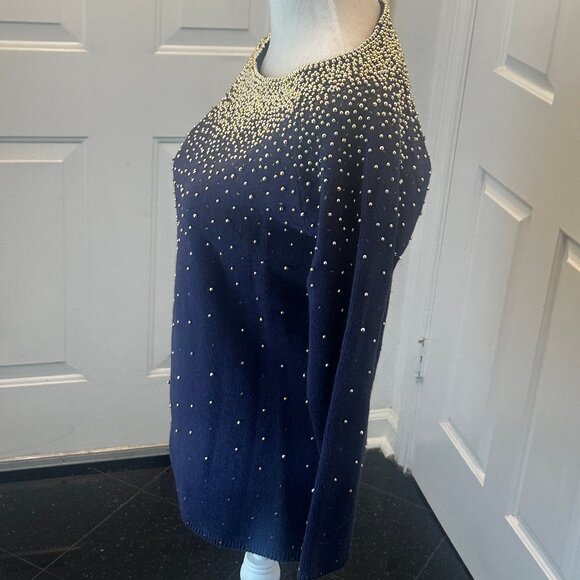 Vintage 80's Bonnie Boerer Embellished Navy Sweater with Gold Beads S - Picture 4 of 14
